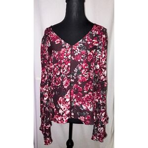 Parker Rosy Bluebonnet Silk Floral‎ Blouse V Neck Bell Sleeve Burgundy Small